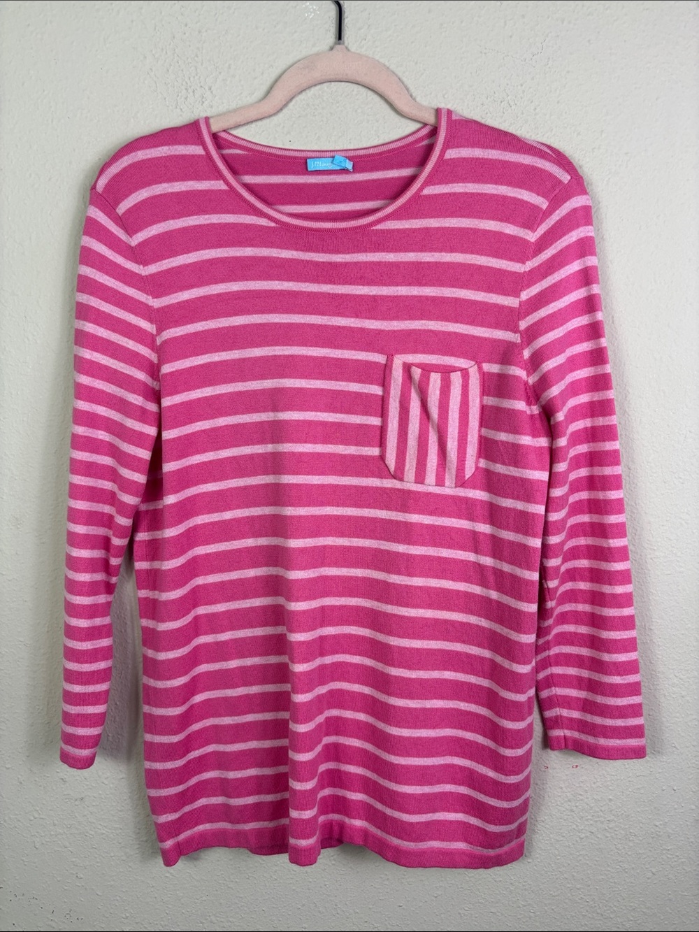 J. McLaughlin Pink White Striped Long Sleeve Pullover Crewneck Sweater sz Medium